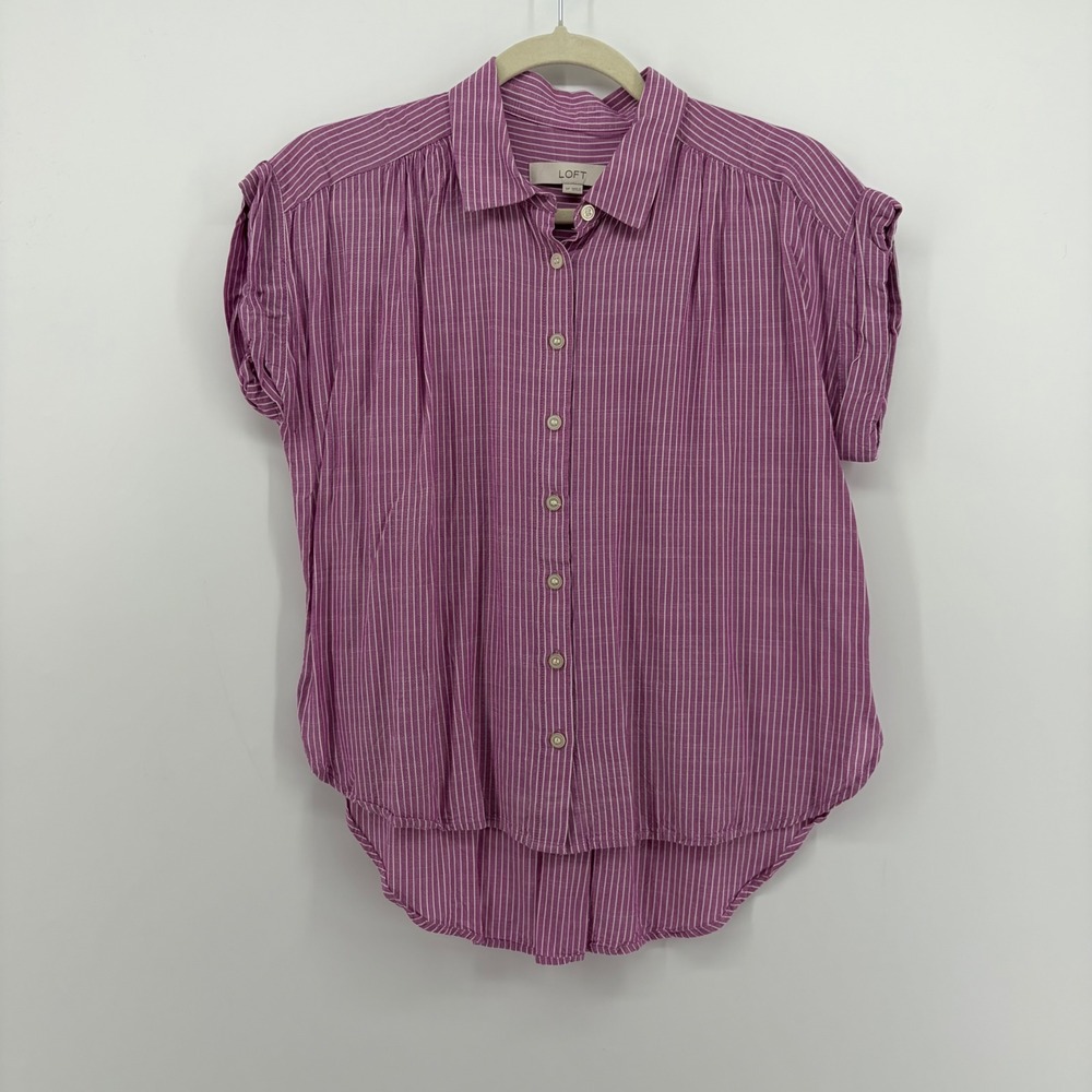 LOFT Womens SP Purple Striped Button Down Short Sleeve High Low Shirt